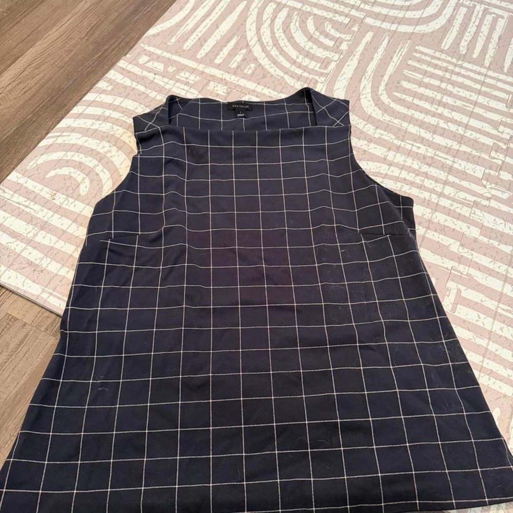 Ann Taylor Navy White Windowpane Plaid Sleeveless Square Neck Dress L Workwear